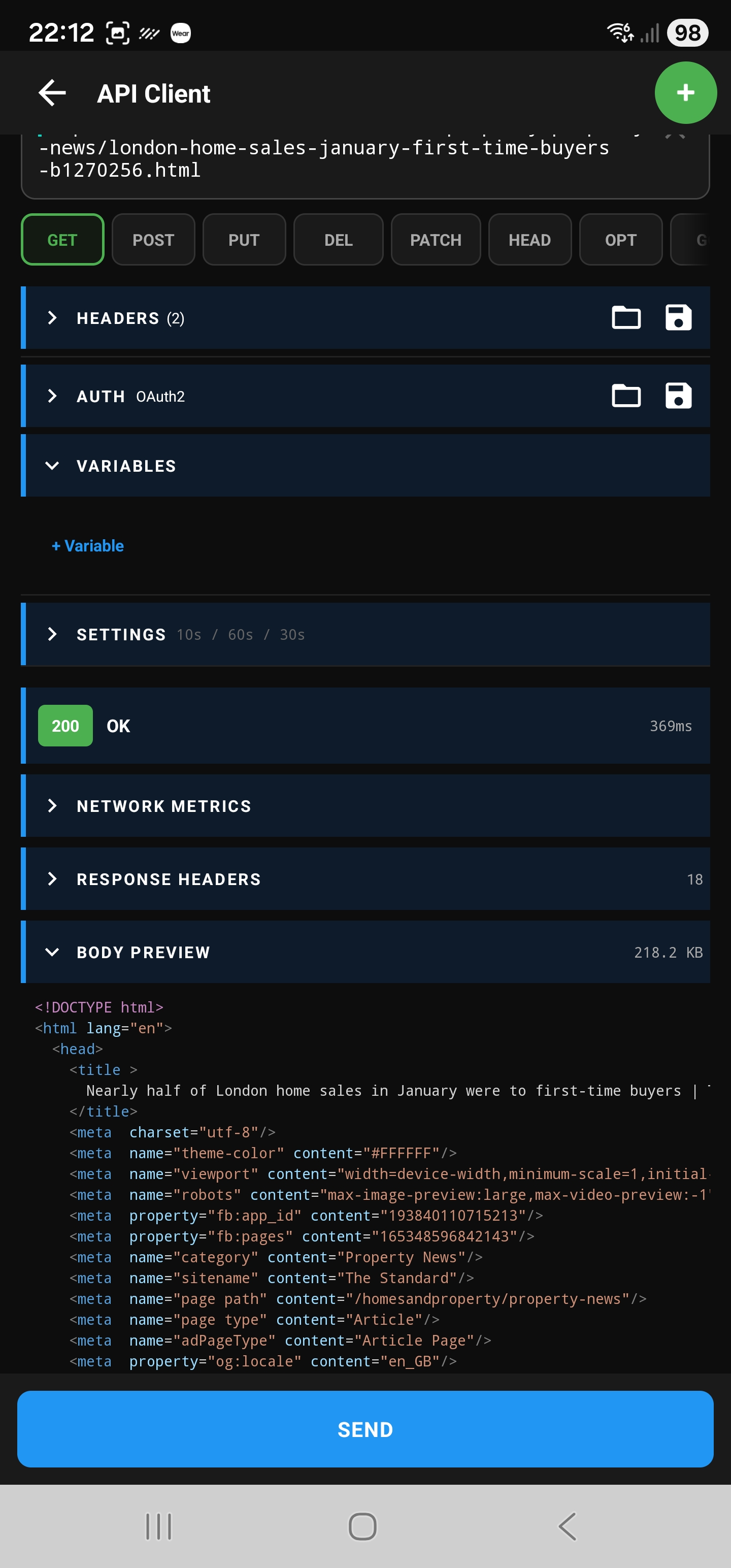 API Client showing GET request builder with OAuth2 auth, variables, network metrics panel, and 200 OK response at 369ms