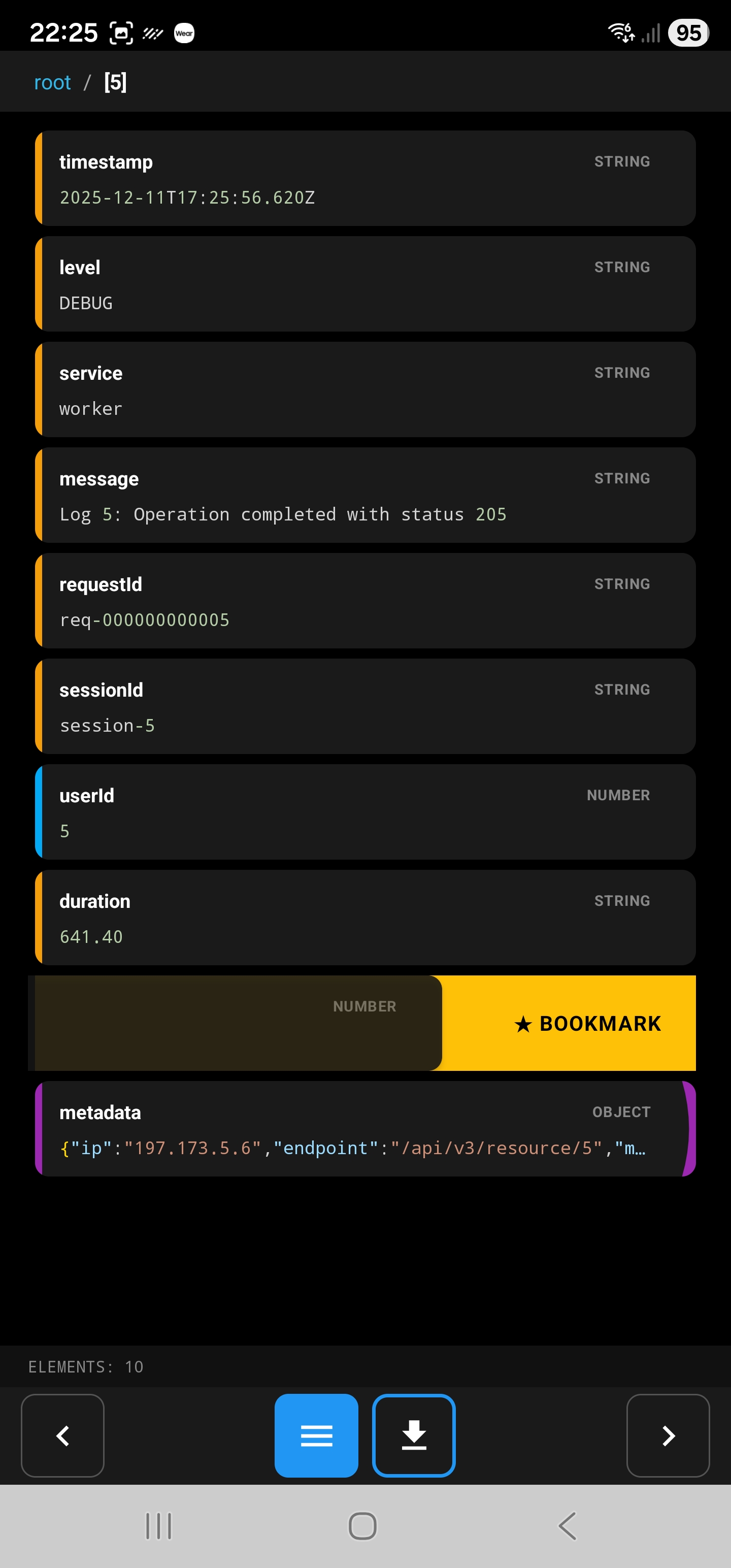 Browser Mode showing JSON object fields with type indicators, breadcrumb navigation, bookmarks, and element count
