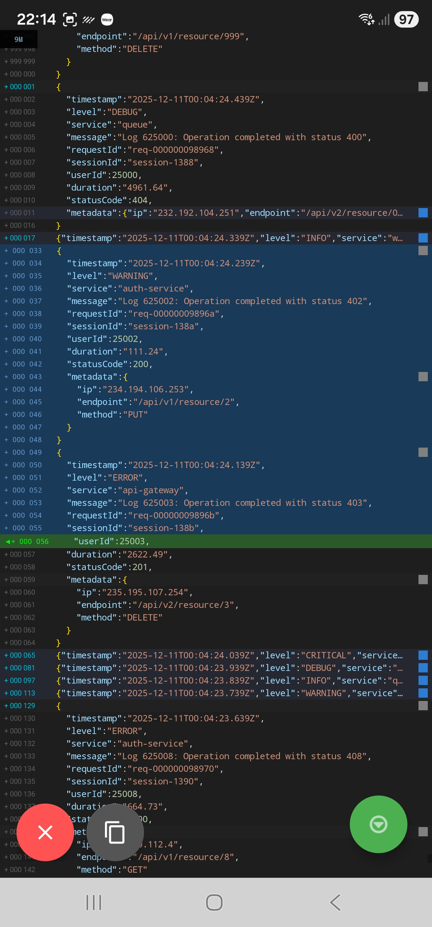Text Mode showing raw JSON content with syntax highlighting, line numbers, and search results