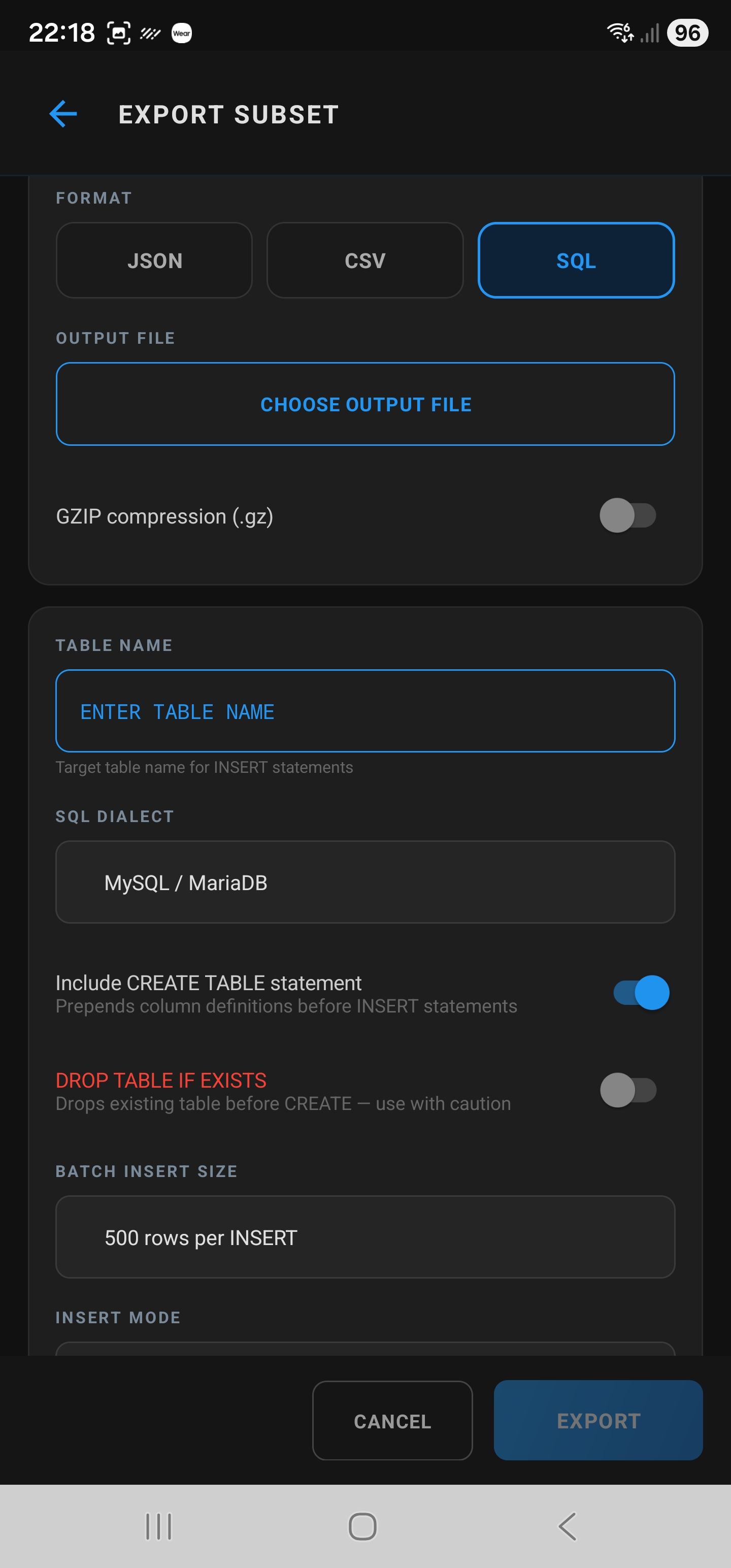 SQL Export screen with dialect selection (MySQL/MariaDB), CREATE TABLE toggle, batch insert size, and GZIP compression option