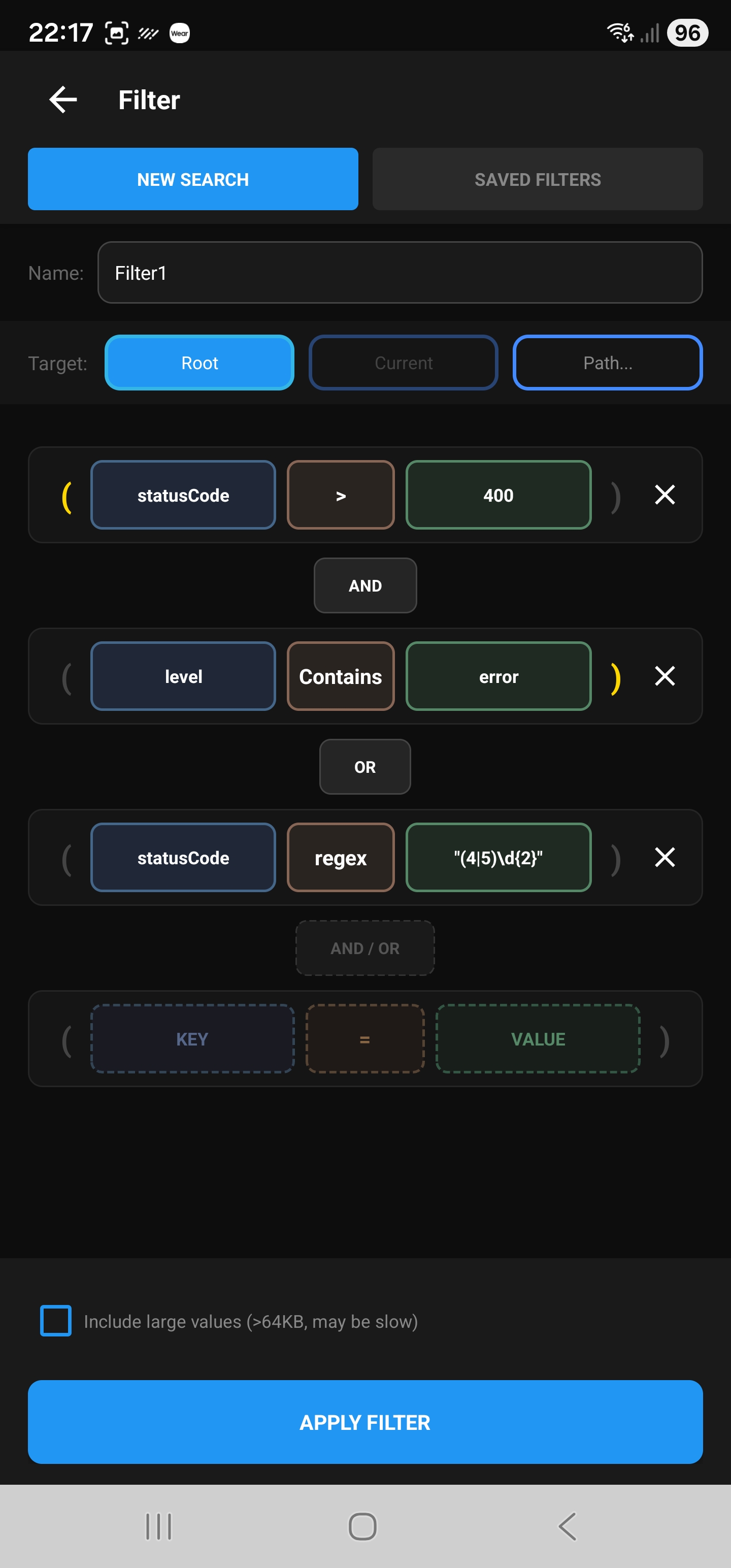 Visual filter builder showing conditions: statusCode > 400 AND level Contains error OR statusCode regex (4|5)\d{2}