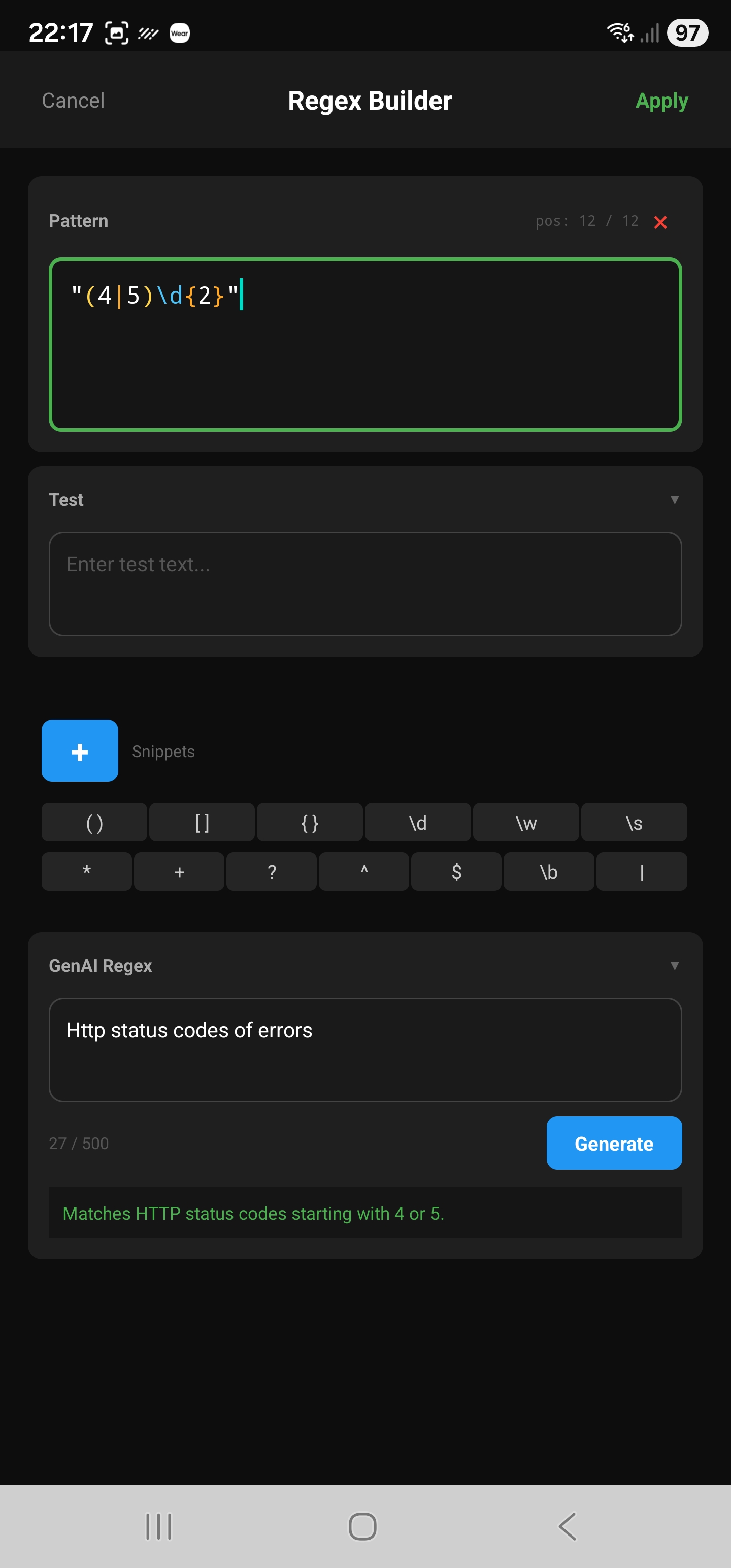 GenAI Regex Builder showing prompt 'Http status codes of errors' generating pattern (4|5)\d{2}