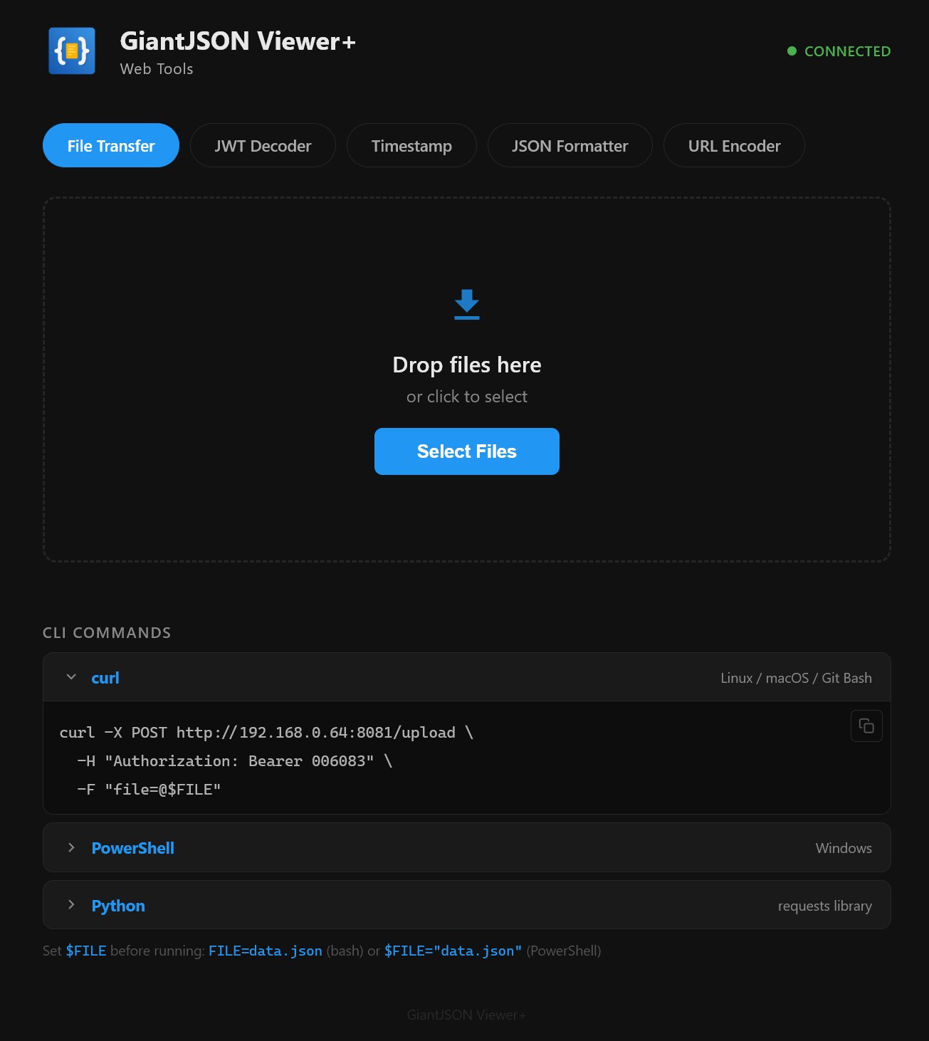 File Transfer with drag-and-drop zone and CLI commands for curl, PowerShell, and Python